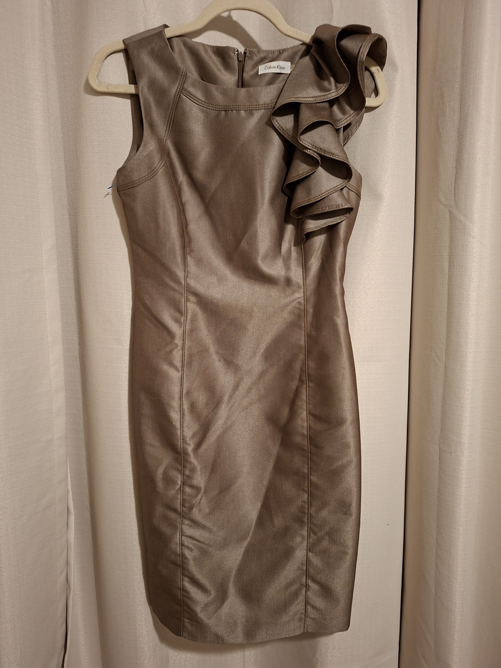 Calvin Klein Metallic Taupe Ruffle-Shoulder Sheath Dress, Size 2